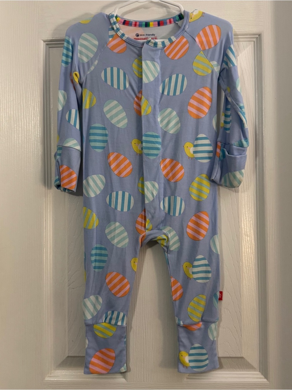Magnetic Me Baby Boy Bamboo Blue One Piece with Multicolored Striped Egg Print